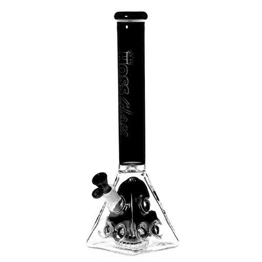 PYRAMID BEAKER W/ COLORED NECK, DOUBLE HOLE COLORED PYRAMID PERC, CARRY BOX, EXTRA BOWL & BANGER BY HOSS GLASS - 18" - BLACK | Jupiter Grass