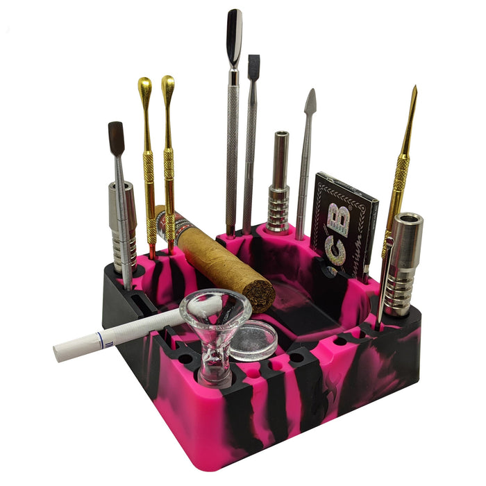 Herbhuggers | Premium Silicone Ashtray Featuring Center Tap Ash and Glassware Clearer with Accessory Organizing Slot Holders | Jupiter Grass