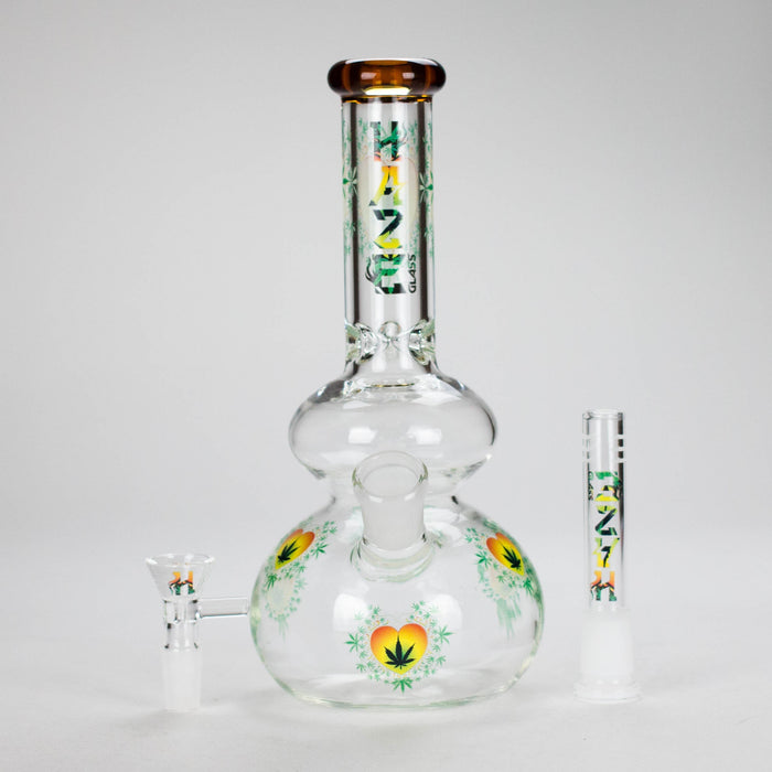 Haze | 9″ Heart Leaf Double Bubble Base Glass Bong with Color Lip – Amber (Mini-U) | Jupiter Grass
