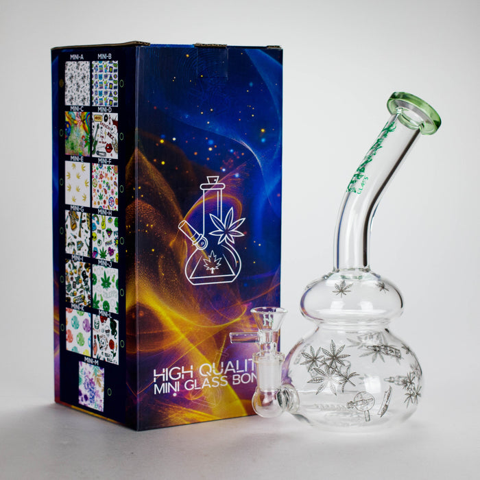 Haze | 9" Bubble Base Glass Bong Green Weed Leaf Design (Mini-A)