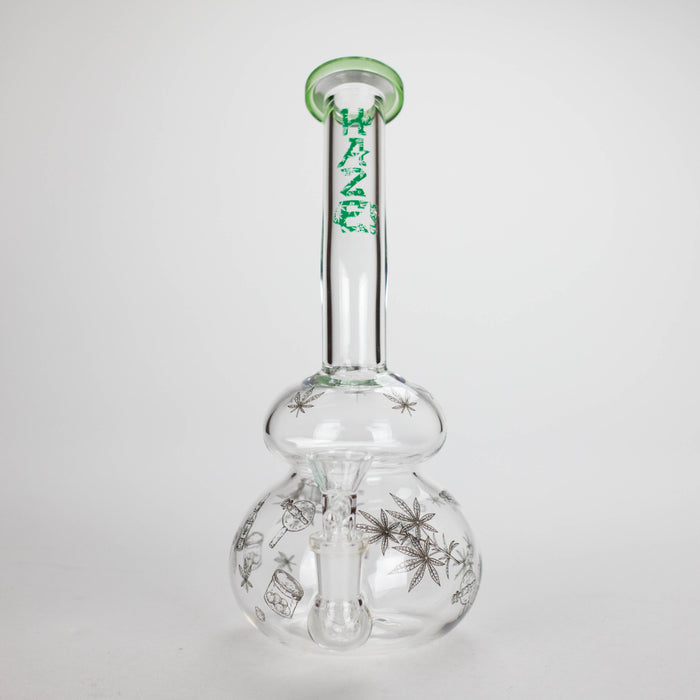 Haze | 9" Bubble Base Glass Bong Green Weed Leaf Design (Mini-A)