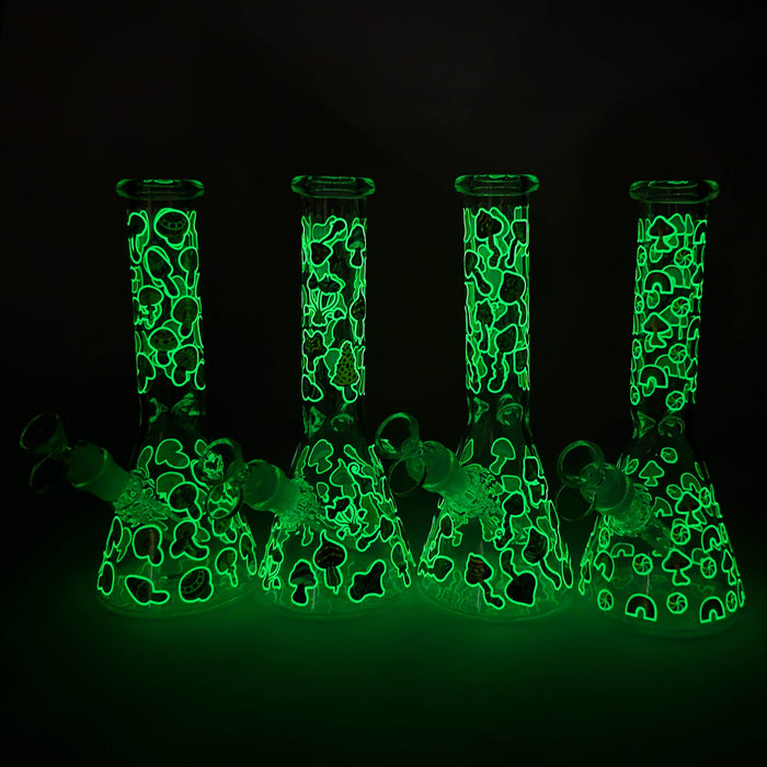 10" Cartoon Mushroom Design Glass Beaker Bong – Glow in the Dark | Jupiter Grass