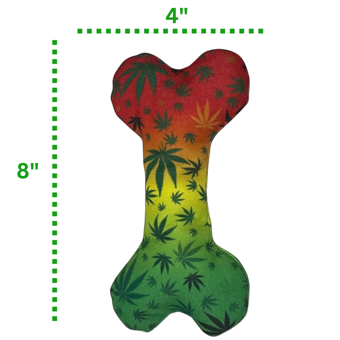 Stoned to da Bone, Rasta Marijuana Leaf Patten - Squeaky Bone Dog Toy - 8" | Jupiter Grass