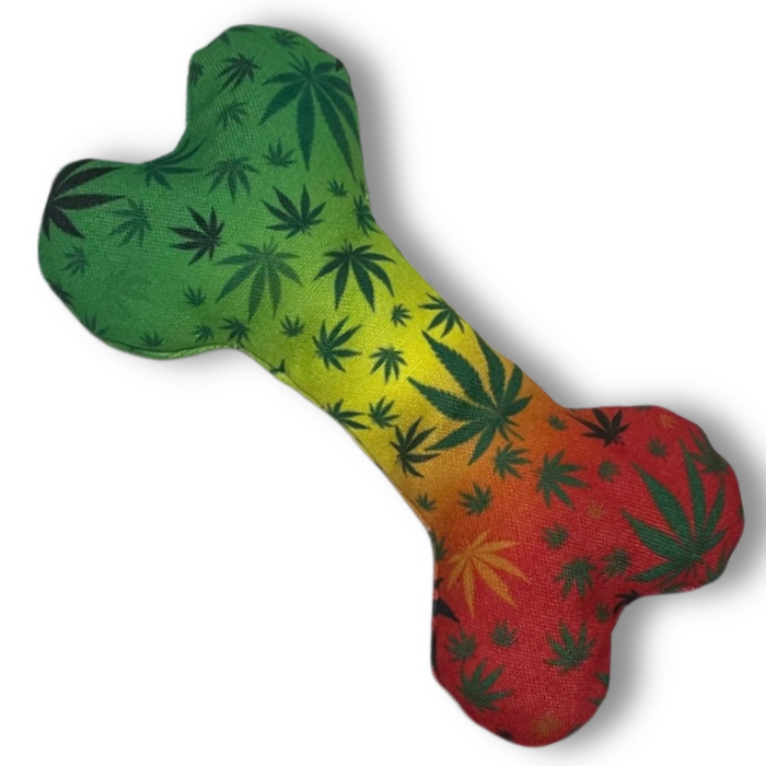Stoned to da Bone, Rasta Marijuana Leaf Patten - Squeaky Bone Dog Toy - 8" | Jupiter Grass