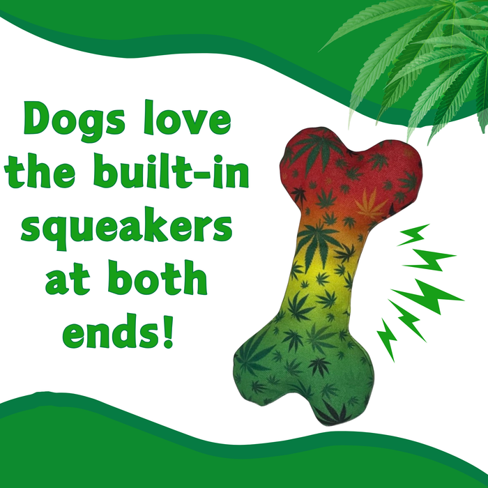 Stoned to da Bone, Rasta Marijuana Leaf Patten - Squeaky Bone Dog Toy - 8" | Jupiter Grass