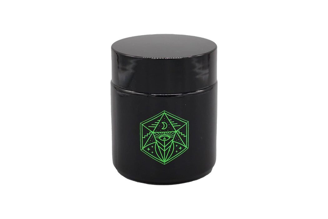 Small Glass Storage Jar and Lid - Real Printed Artwork - UV Protection - Helps Keep Goods Fresh with Light Protection- Tinted Black - 100 ml - Ancient Symbol Design - Accessories By Leaf-Way Brand | Jupiter Grass