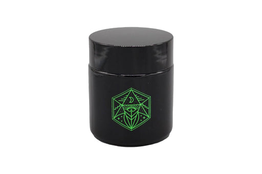 Small Glass Storage Jar and Lid - Real Printed Artwork - UV Protection - Helps Keep Goods Fresh with Light Protection- Tinted Black - 100 ml - Ancient Symbol Design - Accessories By Leaf-Way Brand | Jupiter Grass