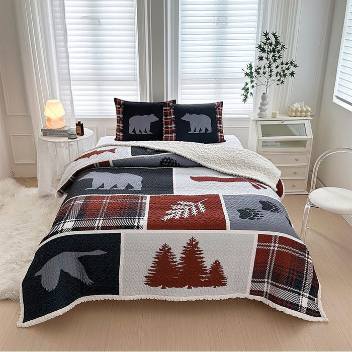 Lodge Collection Sherpa Lined 3pcs Queen size quilt bed set [6260] | Jupiter Grass