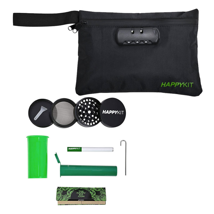 Happy Pouch Herb W/ Glass Pipe, Cig Bat, Papers, Grinder & Storage Tube
