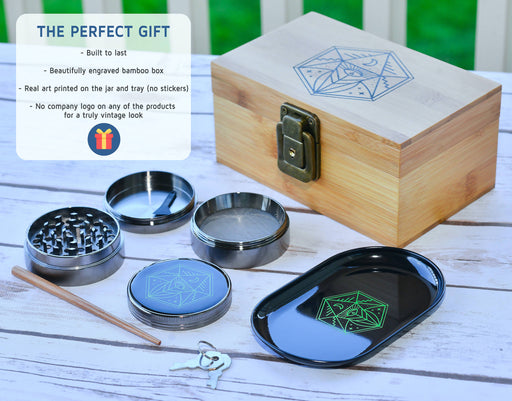 Vintage Stash Box Bundle - Ancient Symbol Design - Grinder - Rolling Tray - Airtight & UV Protecting Glass Jar - Accessory Gift Kit - Secure Storage Box - Lock & Key - Leaf-Way Brand Accessories | Jupiter Grass