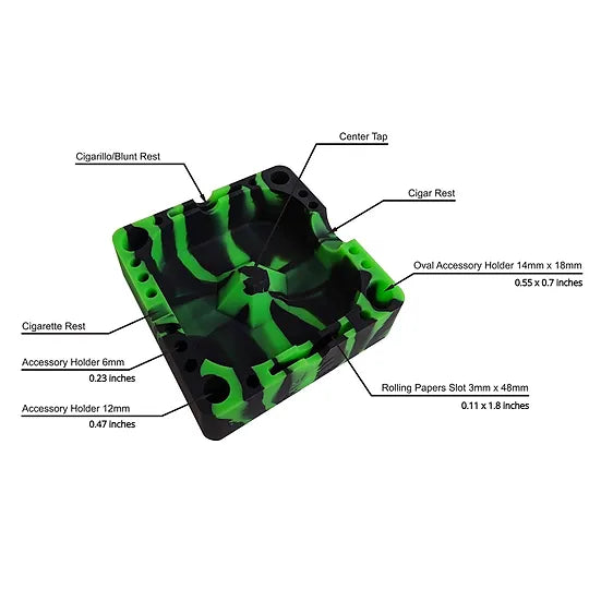 Herbhuggers | Premium Silicone Ashtray Featuring Center Tap Ash and Glassware Clearer with Accessory Organizing Slot Holders | Jupiter Grass