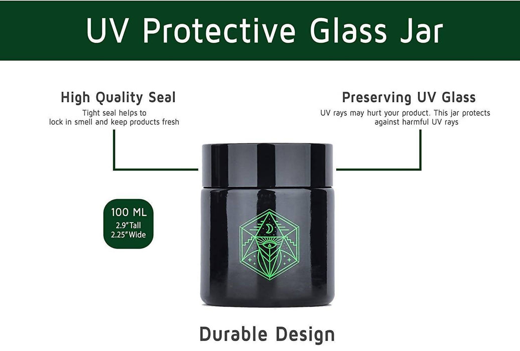 Small Glass Storage Jar and Lid - Real Printed Artwork - UV Protection - Helps Keep Goods Fresh with Light Protection- Tinted Black - 100 ml - Ancient Symbol Design - Accessories By Leaf-Way Brand | Jupiter Grass