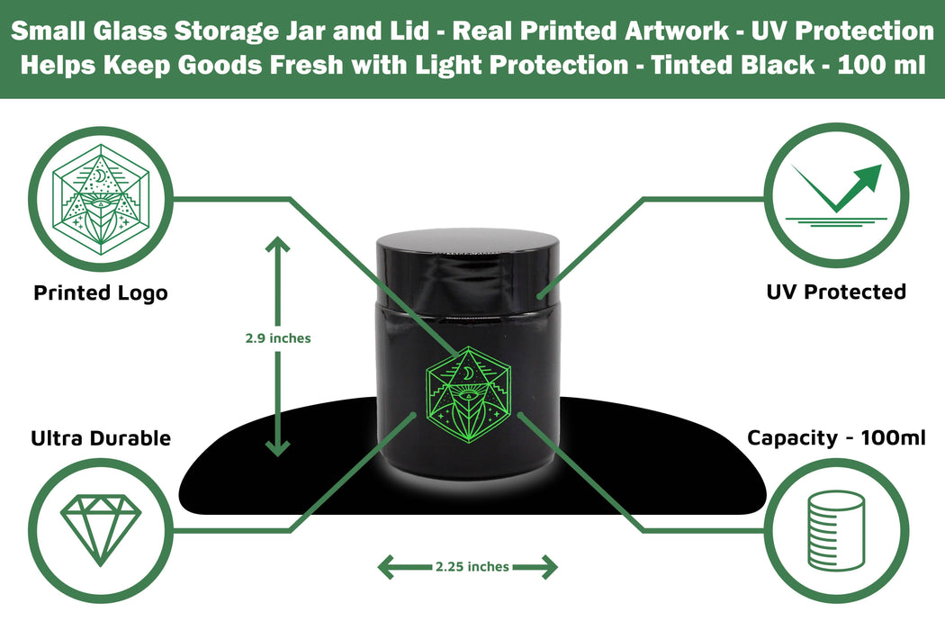 Small Glass Storage Jar and Lid - Real Printed Artwork - UV Protection - Helps Keep Goods Fresh with Light Protection- Tinted Black - 100 ml - Ancient Symbol Design - Accessories By Leaf-Way Brand | Jupiter Grass