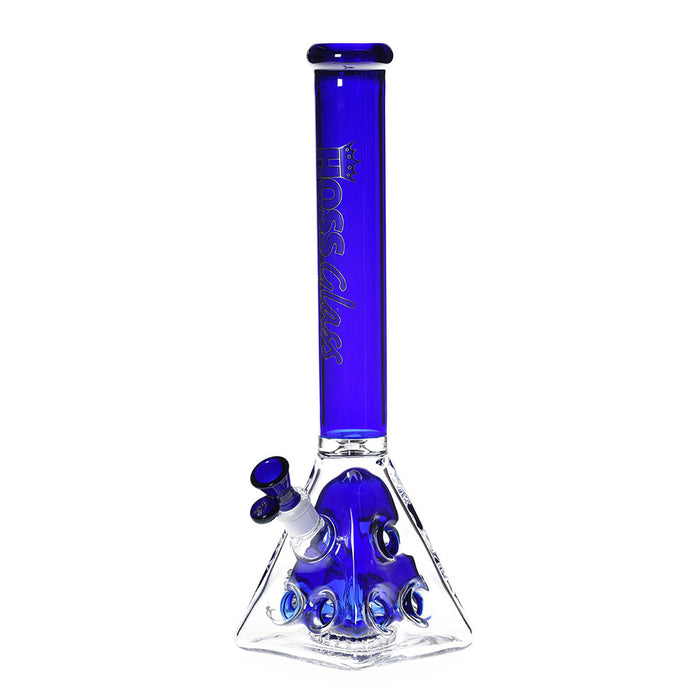Pyramid Beaker w/ Colored Neck, Double Hole Colored Pyramid Perc, Carry Box, Extra Bowl & Banger by Hoss Glass - 18" - Blue | Jupiter Grass