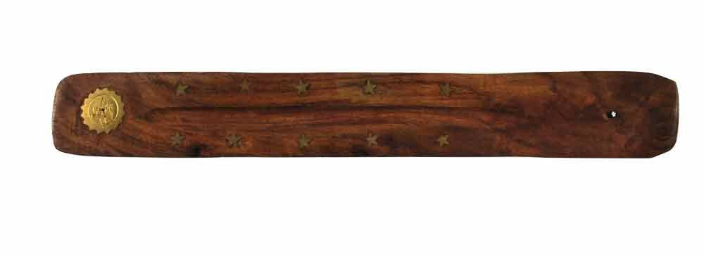 10" Wood Incense Burner W/ Sun/Face Brass Inlay | Jupiter Grass