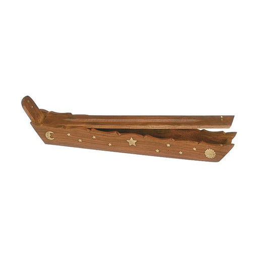 12" Wooden Boat Incense Burner - Sun, Moon & Star W/ Storage | Jupiter Grass